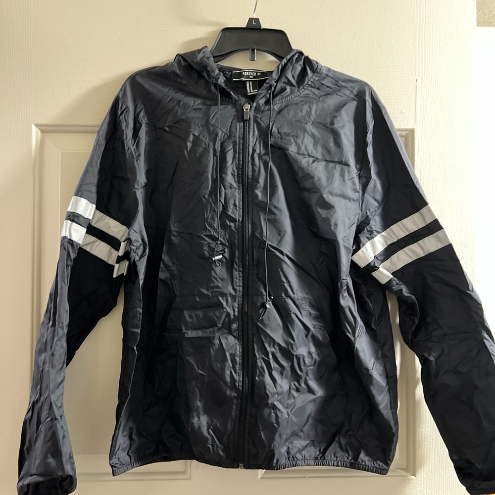 Forever 21 Black Windbreaker with White Stripes